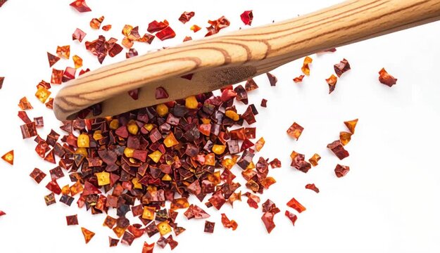 Spicy chili red pepper flakes, chopped, milled dry paprika pile in wooden sppon
