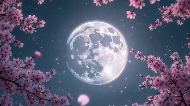 Cinematic night scene with full moon framed by blooming cherry blossoms and floating petals under starry dark blue sky
