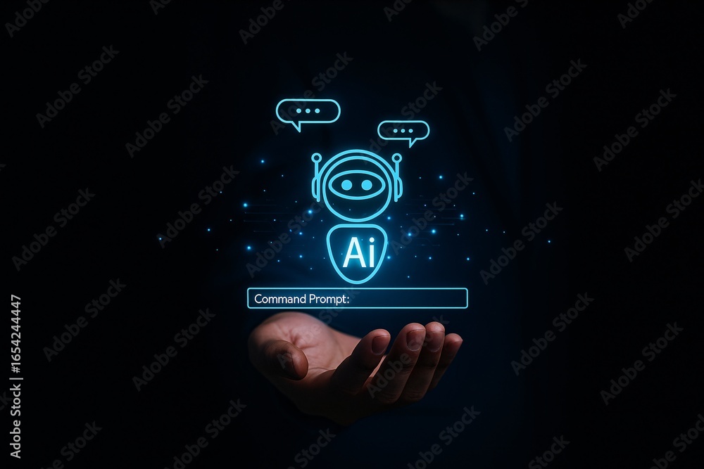 Poster hand holding a glowing ai chatbot icon with a command prompt. concept of generative ai, conversation