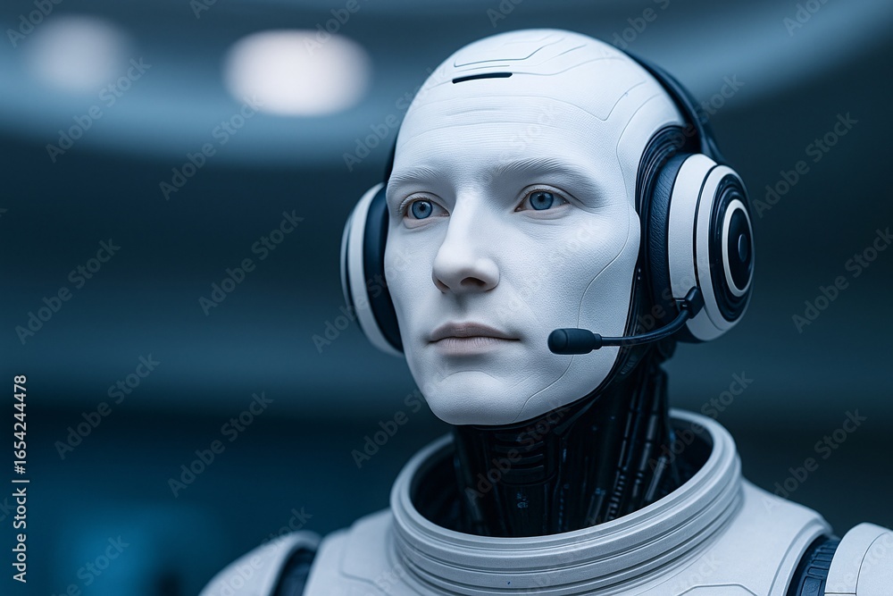 Poster humanoid ai robot operator wearing a headset with a microphone, representing the future of call cent