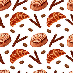 Seamless pattern of croissants, cinnamon rolls, coffee beans, and sticks.