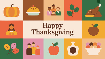 Colorful Thanksgiving Collage Featuring Pumpkin, Pie, Family, Turkey, Apple, and Dessert Icons Celebrating the Holiday