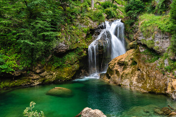 Scenic sight in the famous Vintgar Gorge, in Triglav National Park. Slovenia.