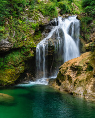 Scenic sight in the famous Vintgar Gorge, in Triglav National Park. Slovenia.