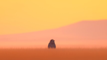 Naklejka premium Lone figure walks across a vast desert landscape at sunset