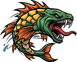 Obraz premium Dragon Fish Sea Monster Mascot, Fierce Fantasy Creature Vector Illustration.