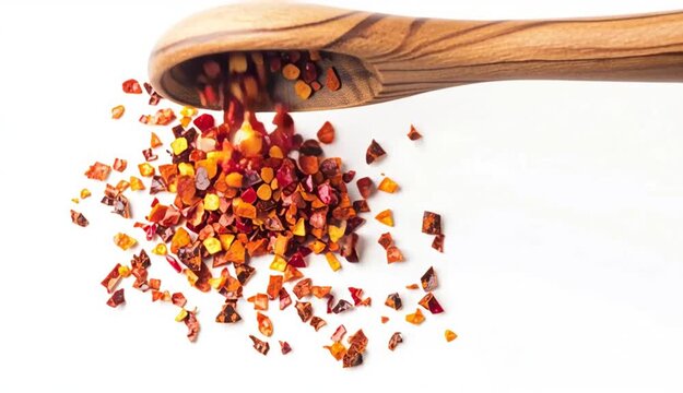 Spicy chili red pepper flakes, chopped, milled dry paprika pile in wooden sppon
