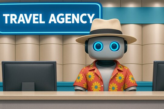AI-powered travel agency concept with a cute robot travel agent in a vacation shirt and hat.