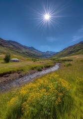 Fototapeta premium Sunny valley with a stream and small house