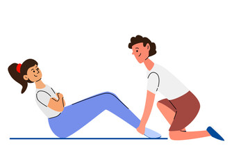 Obraz premium Young caucasian female doing sit-ups with assistance from young caucasian male.