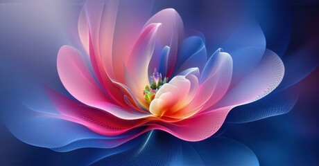 Fototapeta premium Vibrant flower blooms. Soft petals radiate, blending pinks, blues, oranges. Elegant design evokes serenity, beauty.