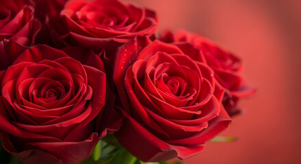 Obraz premium Close-up bouquet of red Valentine’s roses with rich red background. 