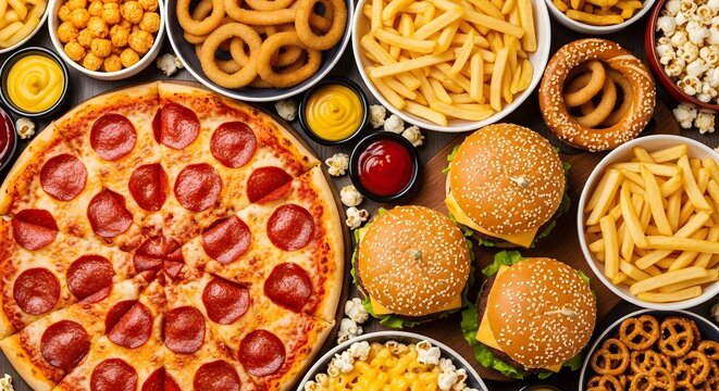 A feast of classic american fast food favorites including pizza burgers and fries