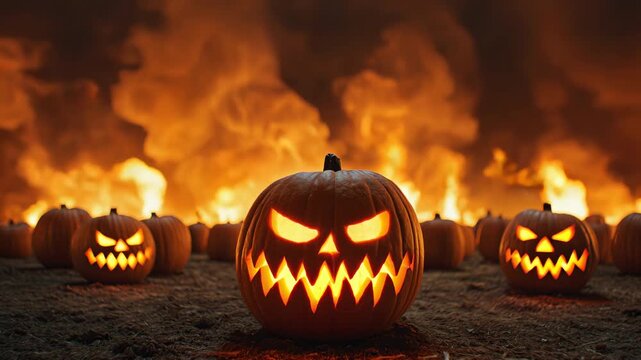 Halloween spooky Carved Pumpkins Glow Ominously Against Fiery Orange Backdrop, Creating Haunting Halloween