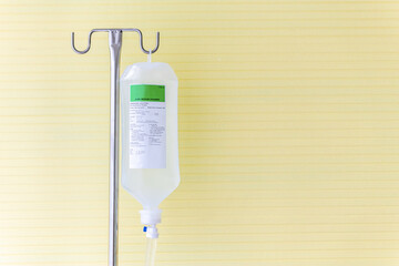 Saline solution fluid iv bag in emergency room at hospital.