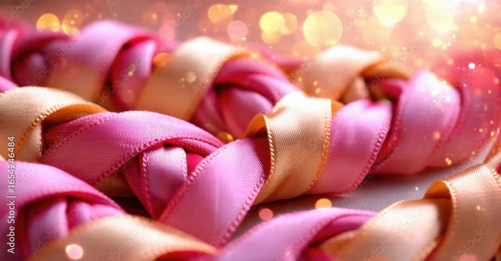 Poster pink, peach ribbons interweave creating textured pattern. bokeh lights add soft glow, festive mood. 