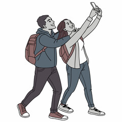 Couple taking a selfie while walking with backpacks on a white background taking photo phone