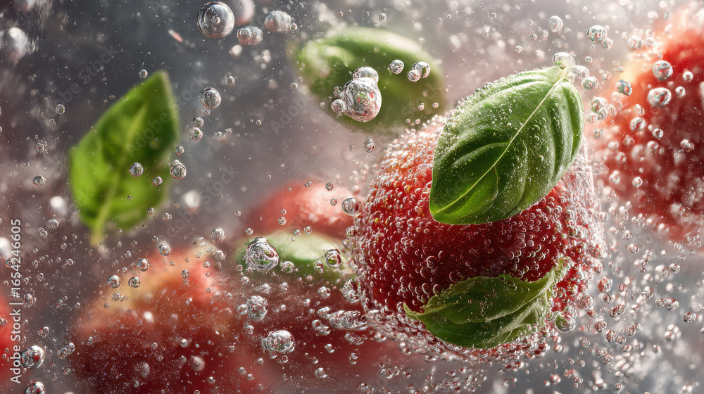 Poster tomatoes and basil submerged in water, creating an artistic and refreshing scene.