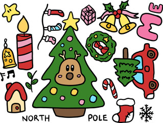Hand drawn Christmas illustrations of Christmas tree and reindeer, candle, wreath, car, candy cane, bell, Santa sock, home, gift box, snowflake for decorations, sticker, cartoon, icons, cartoon, signs