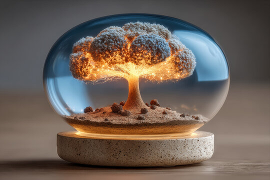 Floating mushroom island inside a levitating glass orb with ethereal lighting