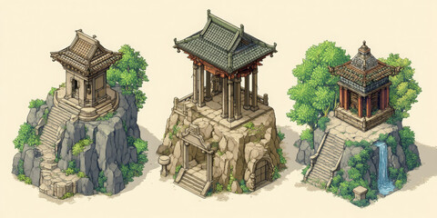 Fototapeta premium Sacred mountain temple stand majestically, pixel art asset blocky set is impressive