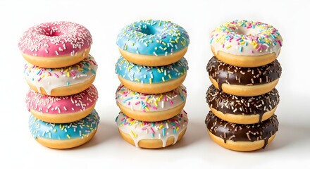 Colorful assortment of sweet frosted doughnuts stacked high