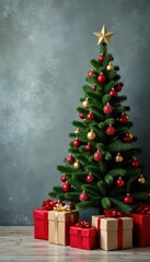 Christmas tree, gift pile, concrete wall backdrop, holiday, copy space, fir