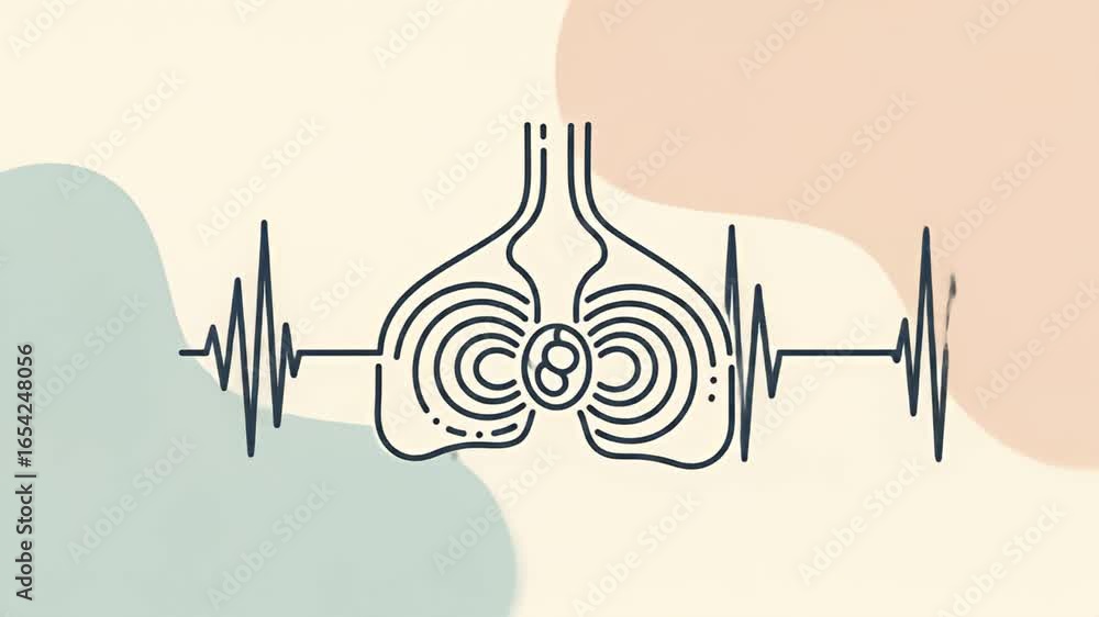 Poster anatomical structure inside rhythmic heartbeat, minimalist line art on soft colored blobs