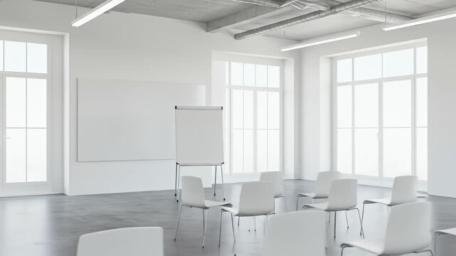 Bright, airy white meeting room with chairs, whiteboards, and windows letting light in