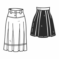 Two skirts one black and white outline the other solid black on a white background fashion clothing