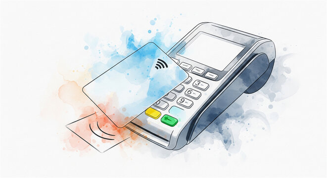 Watercolor illustration of contactless card payment