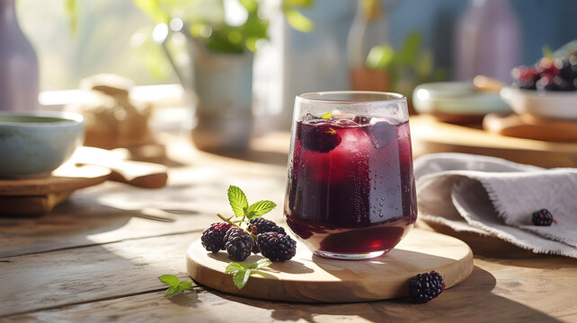 Close-up of black mulberry drink in glass with fresh berries and mint on table.
