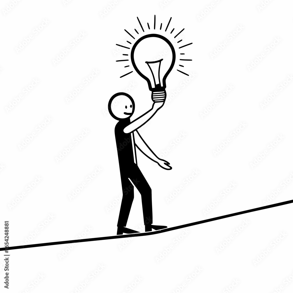 Poster a stick figure balances on a line holding a lightbulb with radiating lines above it on a white backg