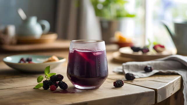 Close-up of black mulberry drink in glass with fresh berries and mint on table.
