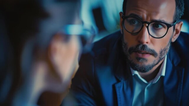 Man's reaction is one of confusion or shock. Man's reaction is palpable, featuring glasses, a beard, and suit, suggesting an important, perhaps negative message or unexpected twist