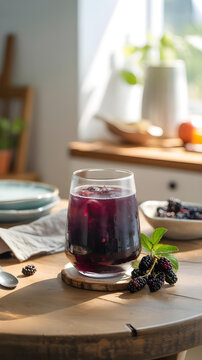 Close-up of black mulberry drink in glass with fresh berries and mint on table.
