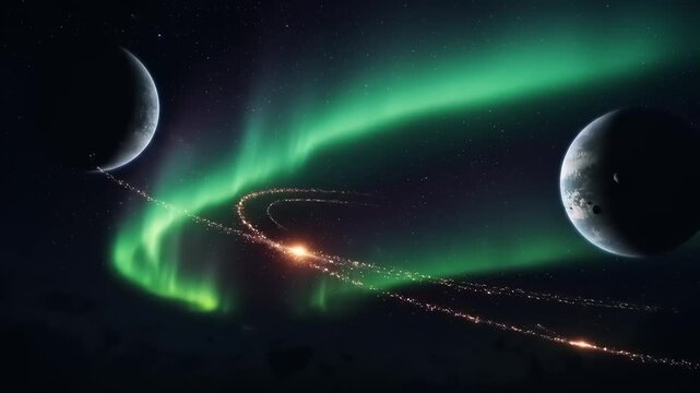 Alien Aurora with Planets, and Space Scene.