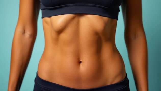 Close-up of a sculpted midriff, revealing well-defined abdominal muscles , medical image, flat stomach