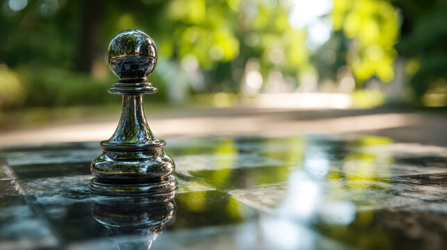Reflection of a chess pawn on a glossy outdoor surface in a sunny park setting