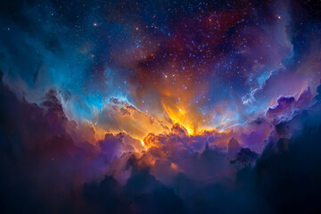 Stunning view of vibrant cosmic colors and starry night sky above celestial clouds