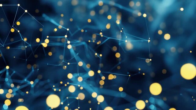 Abstract network with glowing nodes creates a digital visualization. Abstract network shows interconnection between data points, highlighting connectivity and information flow.