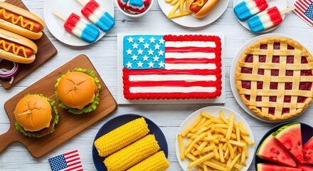 Festive fourth of july feast featuring american flag cake and classic bbq foods