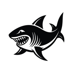 Fierce black silhouette of a great white shark with sharp teeth and gills