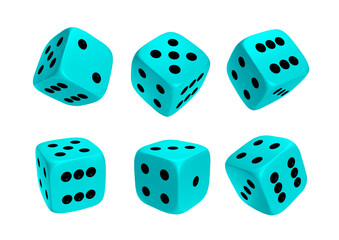 Light blue photorealistic 3d cube for games. Dice icon in flight closeup isolated on white background. Vector illustration.