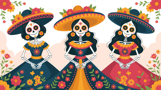 Three La Catrinas in Floral Dresses and Sombreros, Celebrating the Day of the Dead