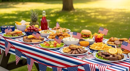Festive fourth of july picnic spread with american flags and delicious food