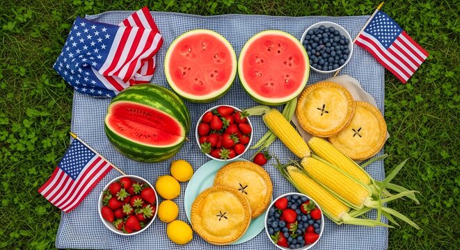 Festive fourth of july picnic spread with watermelon berries and corn on the cob - Powered by Adobe