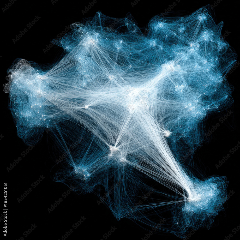 Poster digital blockchain network with glowing blue and white interconnected nodes