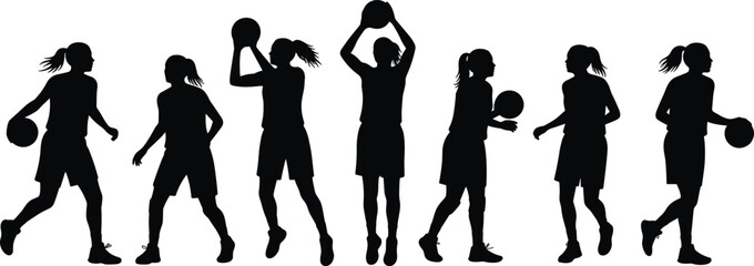 Silhouette of female basketball players, dribbling, shooting, passing, dynamic sports action, athletic teamwork, women athletes, vector illustration, black white sports art