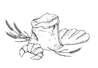 Vector croissant and wheat in a rustic canvas bag. Vintage outline hand drawn illustration perfect for organic bakery branding. Detailed design ideal for farm-to-table or harvest-themed content